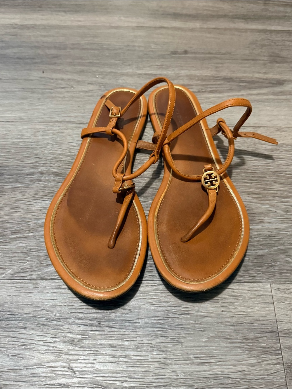 Tory Burch Cognac Leather Thong Sandals with Logo Medallion
